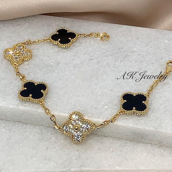 💎18k LUXURY QUATREFOIL Gold & Black BRACELET 5 Motifs Clover Flower Black Onyx - Picture 4 of 7